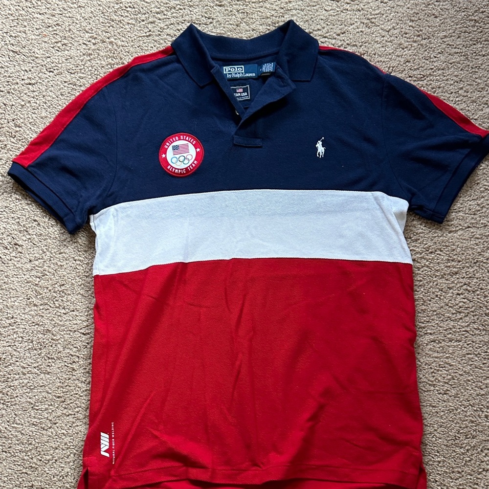 Polo by Ralph Lauren Men's Blue, White, and Red Polo Shirt